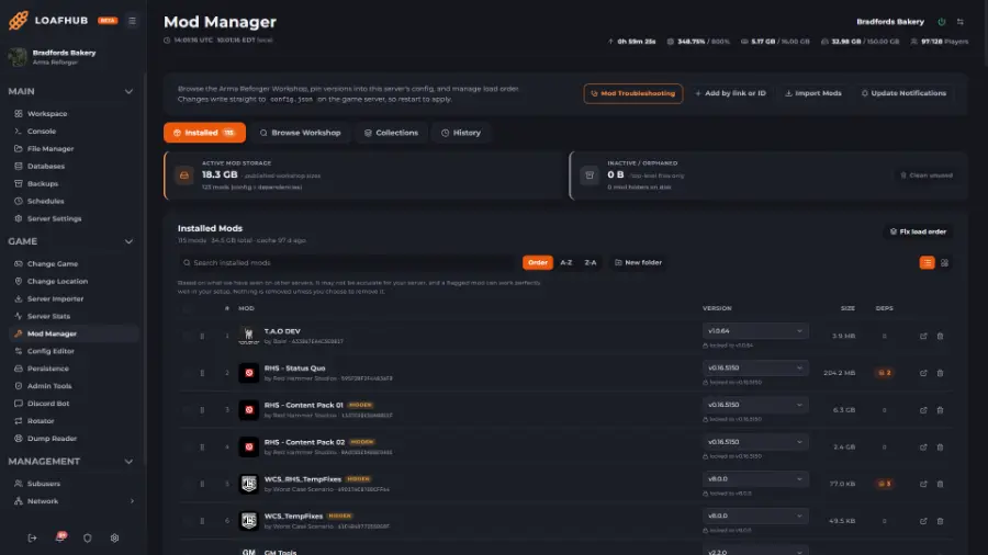 LoafHub 115 mods, in load order. Drag to reorder, pin any mod to a version, and let Fix load order pull in the dependencies your list is missing and sort them into a loadable order.