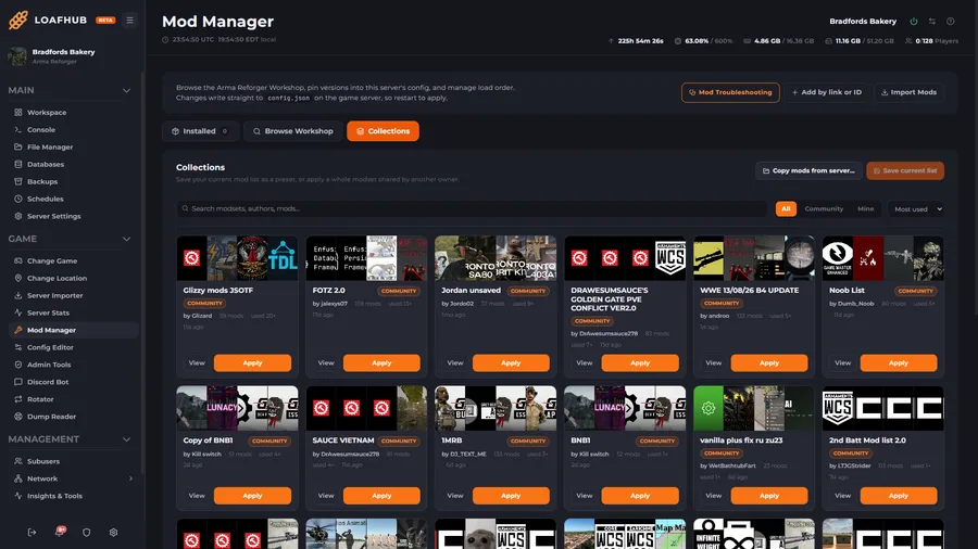 The LoafHub collections view, showing saved modsets that can be applied to a server in one action.