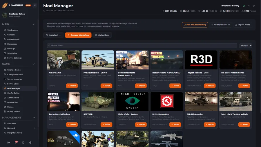 The LoafHub mod manager browsing Arma Reforger Workshop mods, with install buttons, version numbers and resolved dependencies.