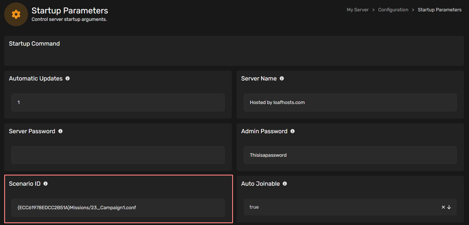 Scenario ID field in the Startup Parameters page
