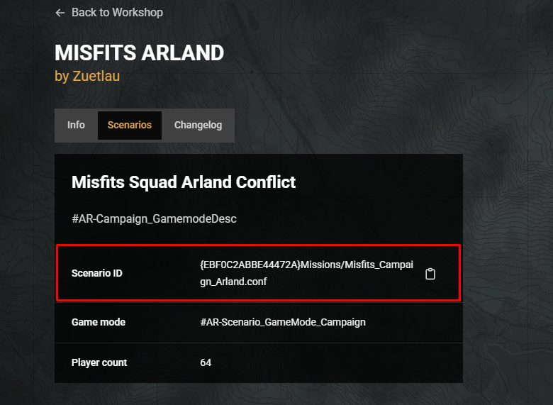Scenario ID highlighted in the Arma Reforger Workshop