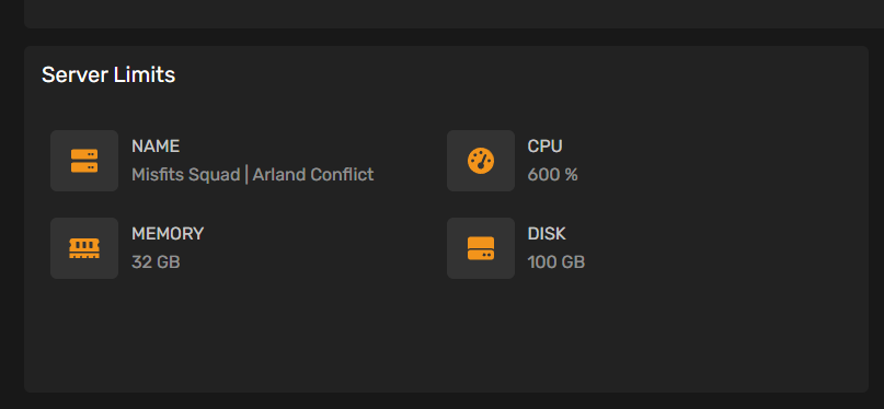 Server Limits panel showing server resources including CPU, Memory, and Disk usage
