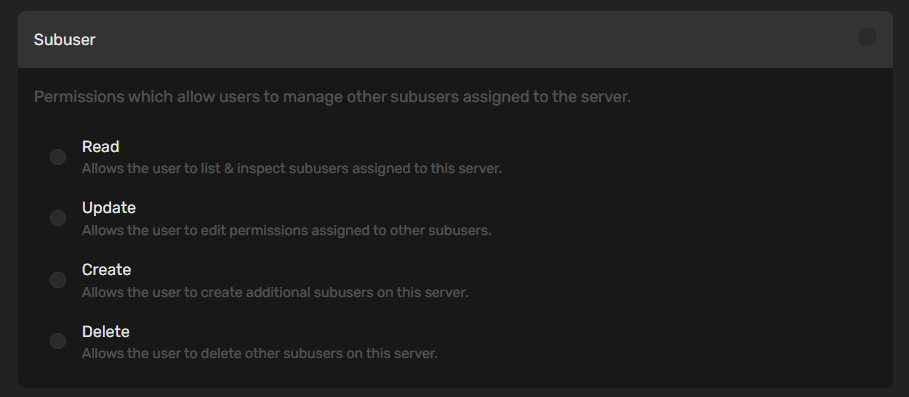 Subuser permissions showing Read, Update, Create, Delete options