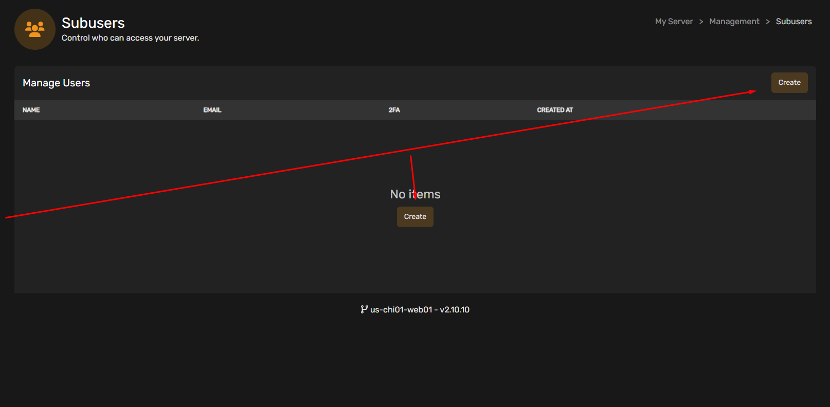 Main subusers page showing empty list with Create button