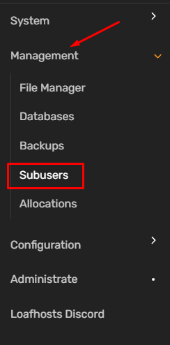 Navigation to Subusers section in the server panel sidebar